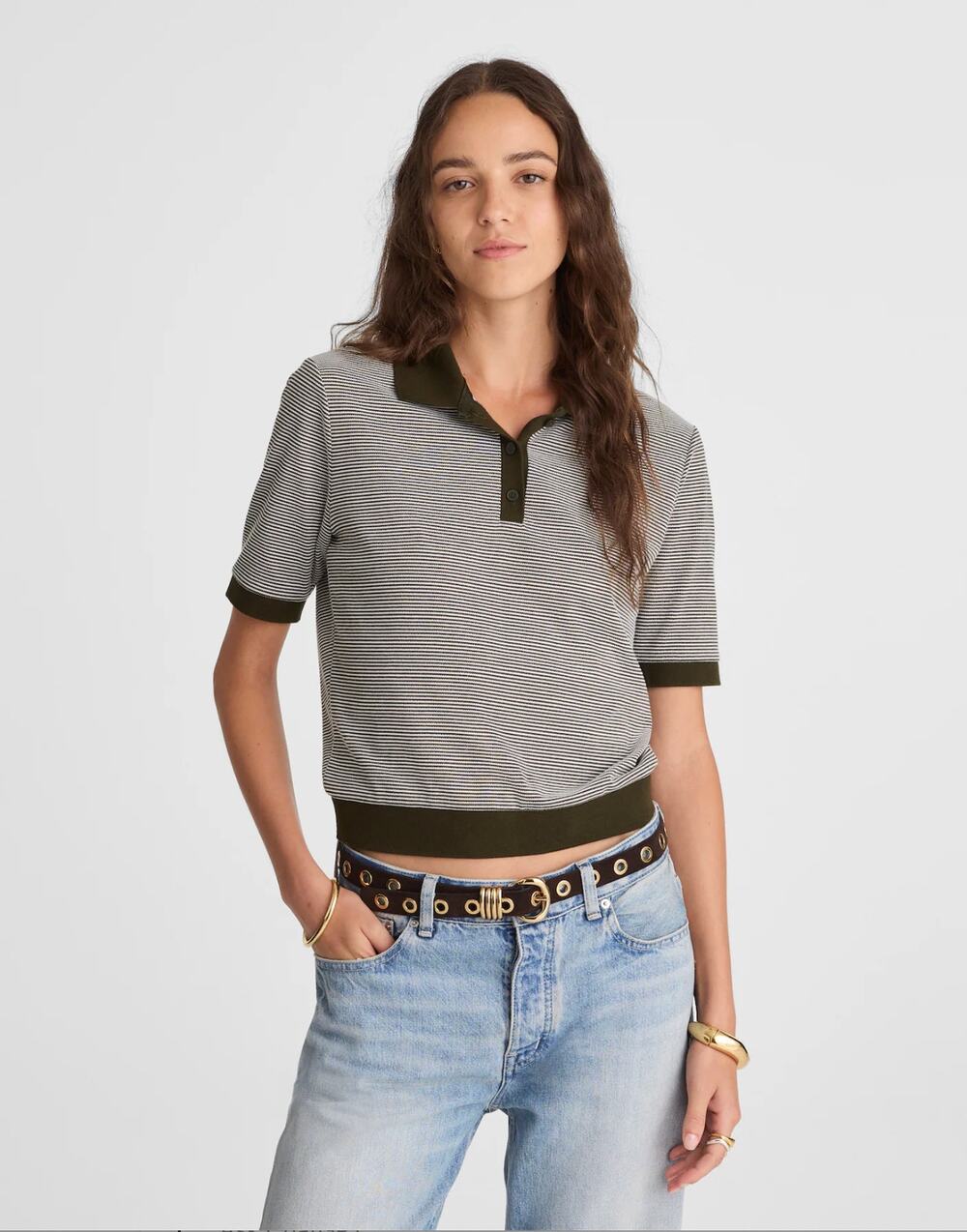 Madewell Striped Shrunken Polo Tee in Bronzed Avocado Green Size Small